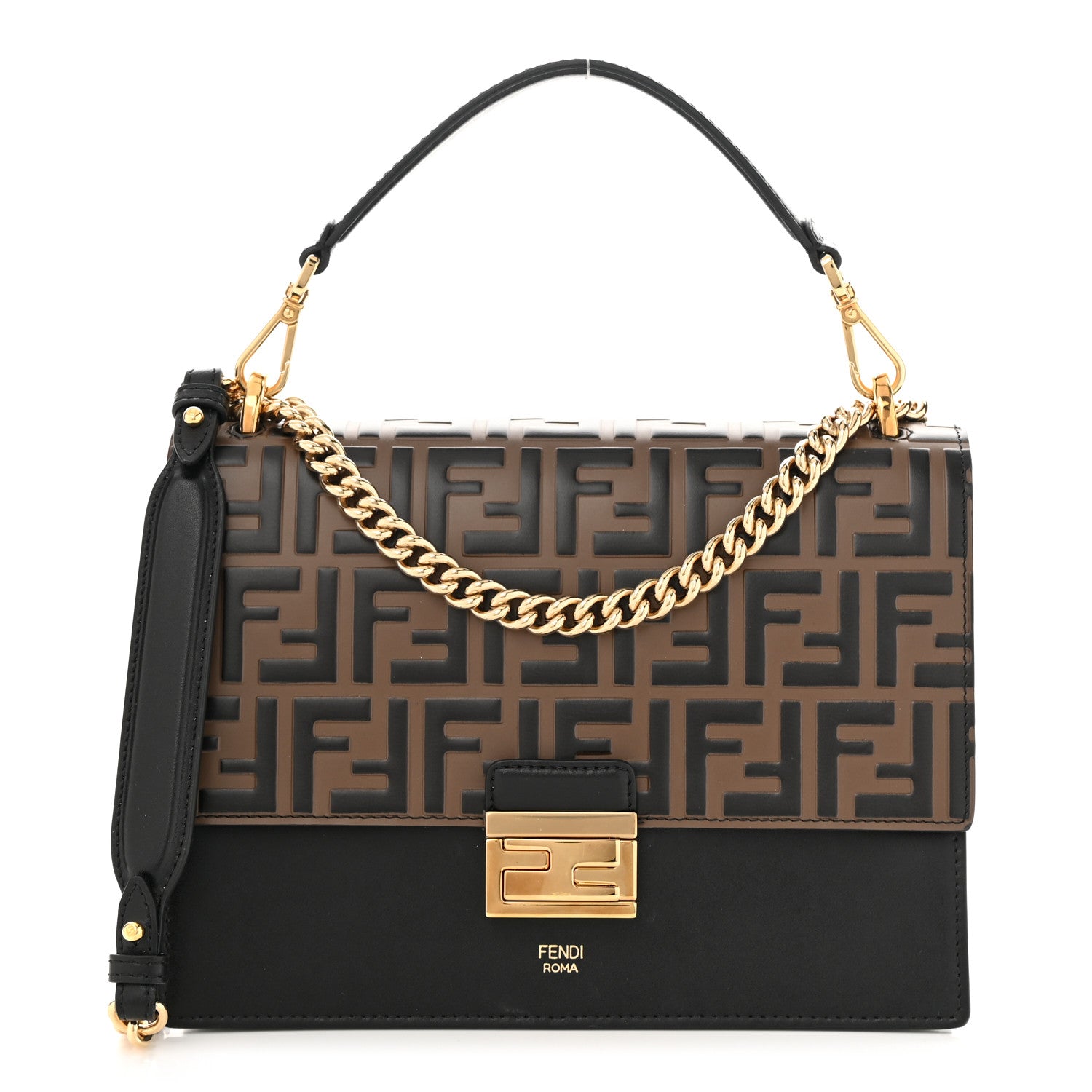 Fendi Vitello Liberty Bi-Color FF 1974 Embossed Chain Strap Kan U Shoulder Bag Black Maya 1 of 10
