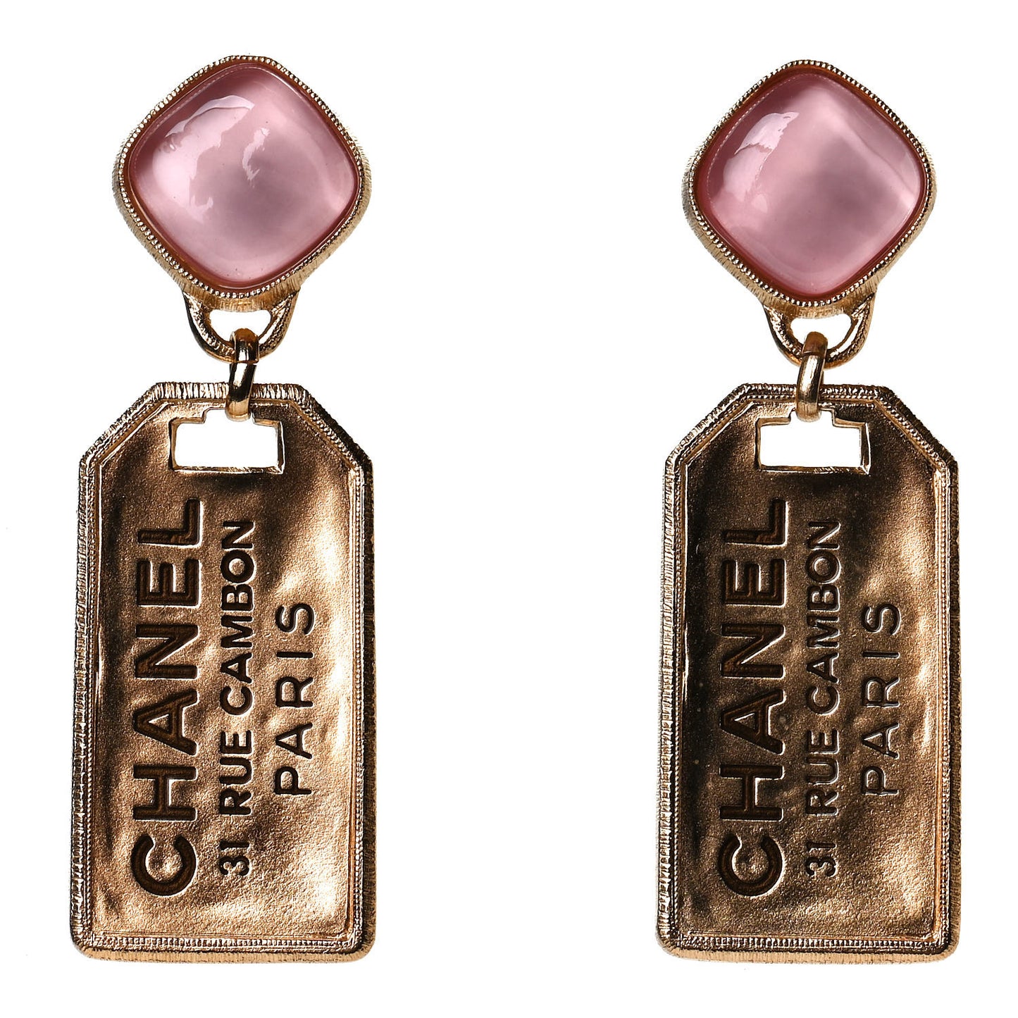 CC Tags Drop Earrings Gold Pink
