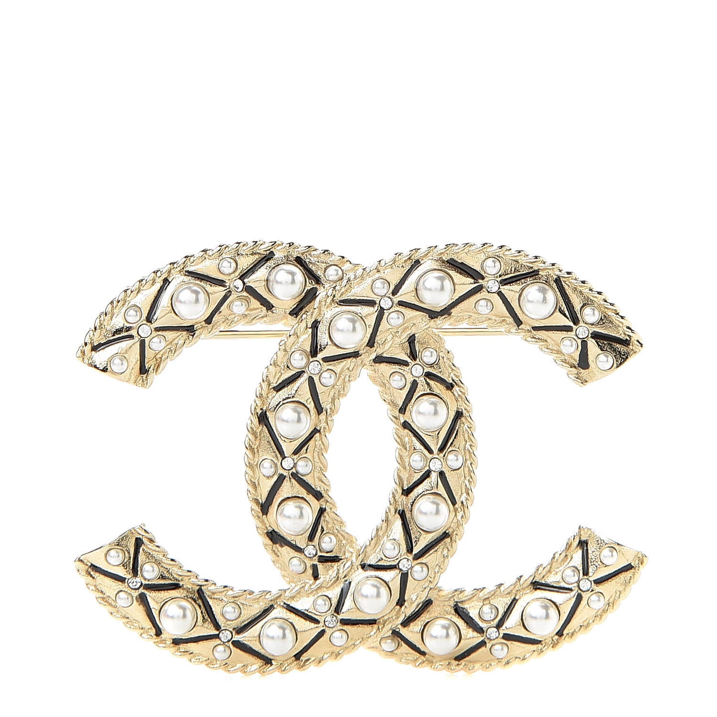 Pearl Crystal CC Brooch Gold