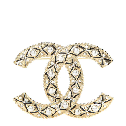 Chanel Pearl Crystal CC Brooch Gold 1 of 5