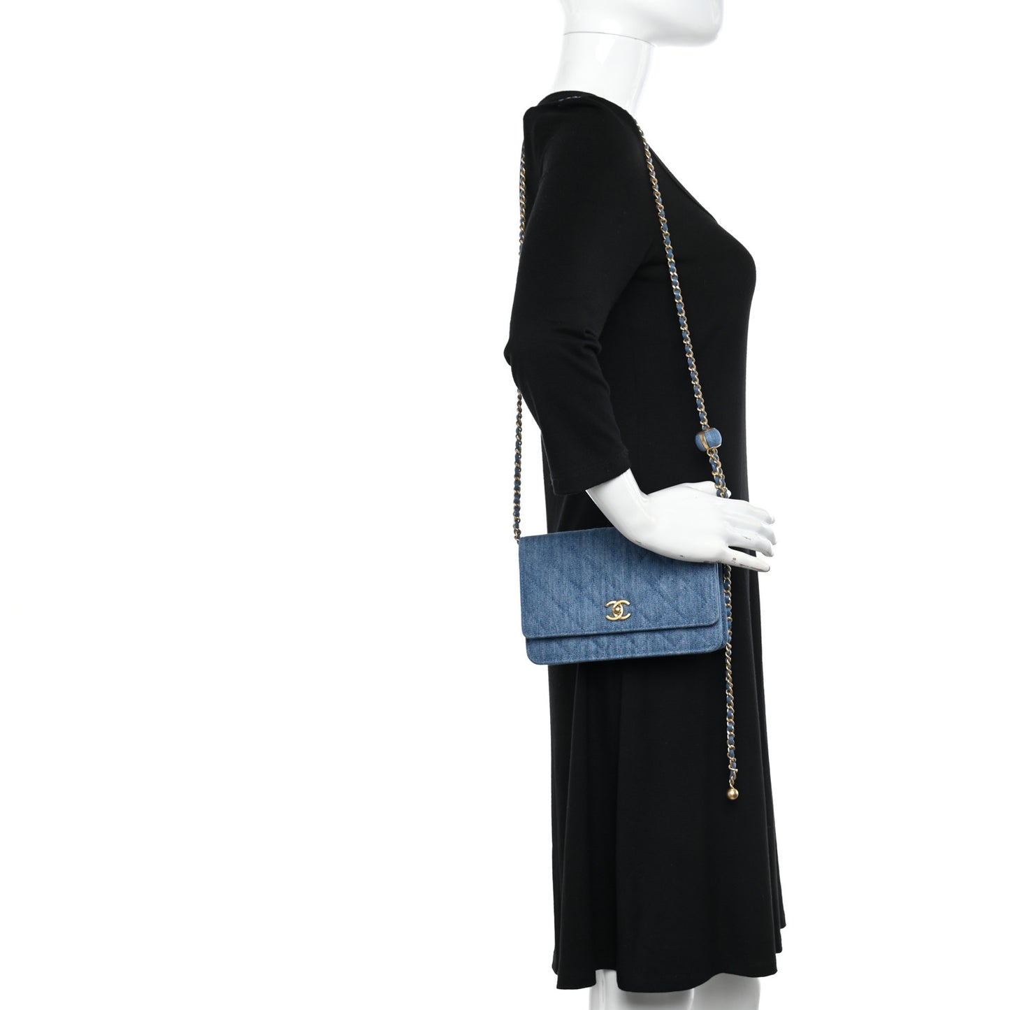 Denim Quilted CC Pearl Crush Wallet on Chain WOC Blue