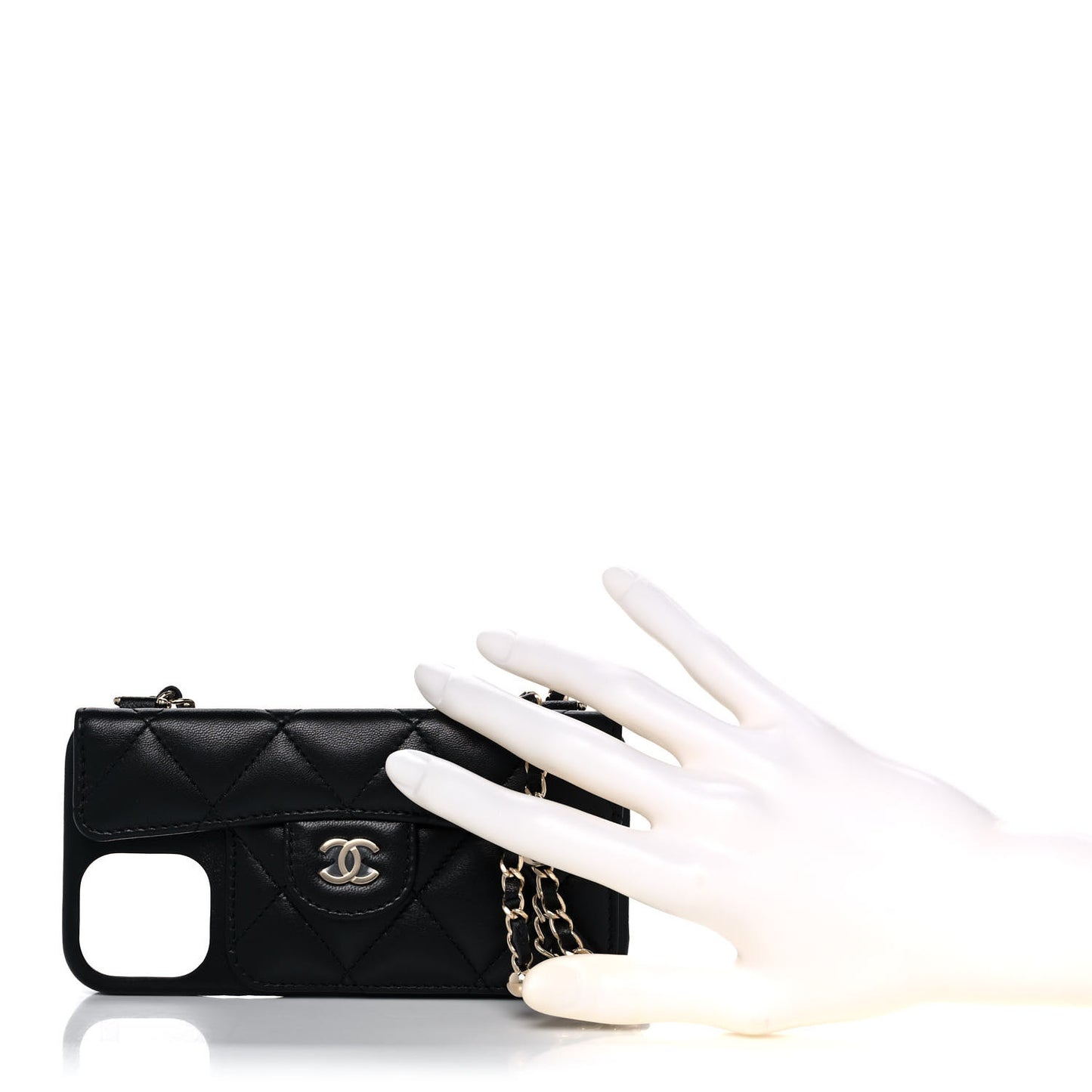 Lambskin Quilted Pearl Crush iPhone XII Pro Holder With Chain Black
