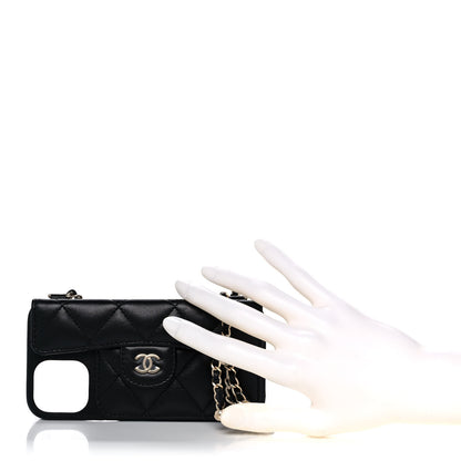 Chanel Lambskin Quilted Pearl Crush iPhone XII Pro Holder With Chain Black 3 of 12