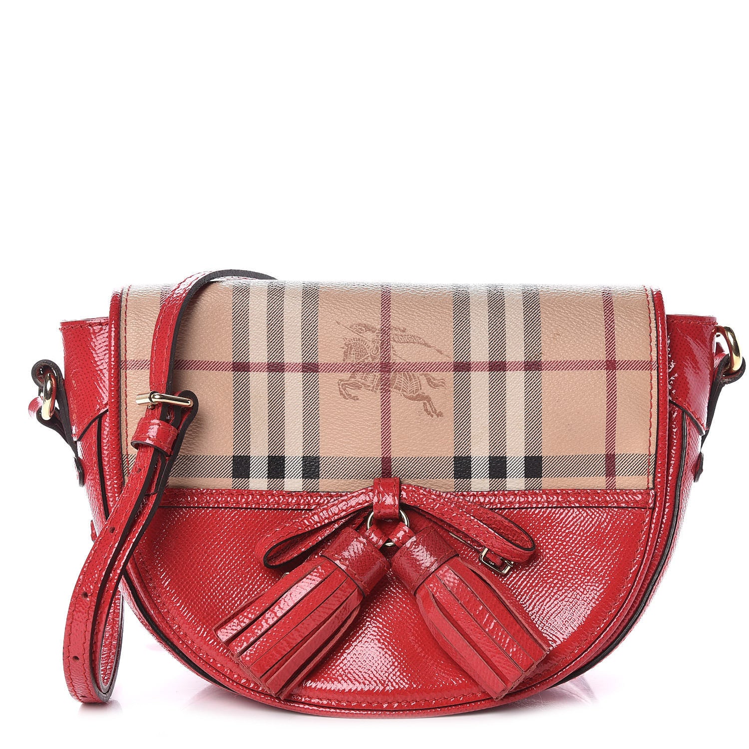 Burberry Patent Calfskin Haymarket Check Maydown Crossbody Bag Red 1 of 19