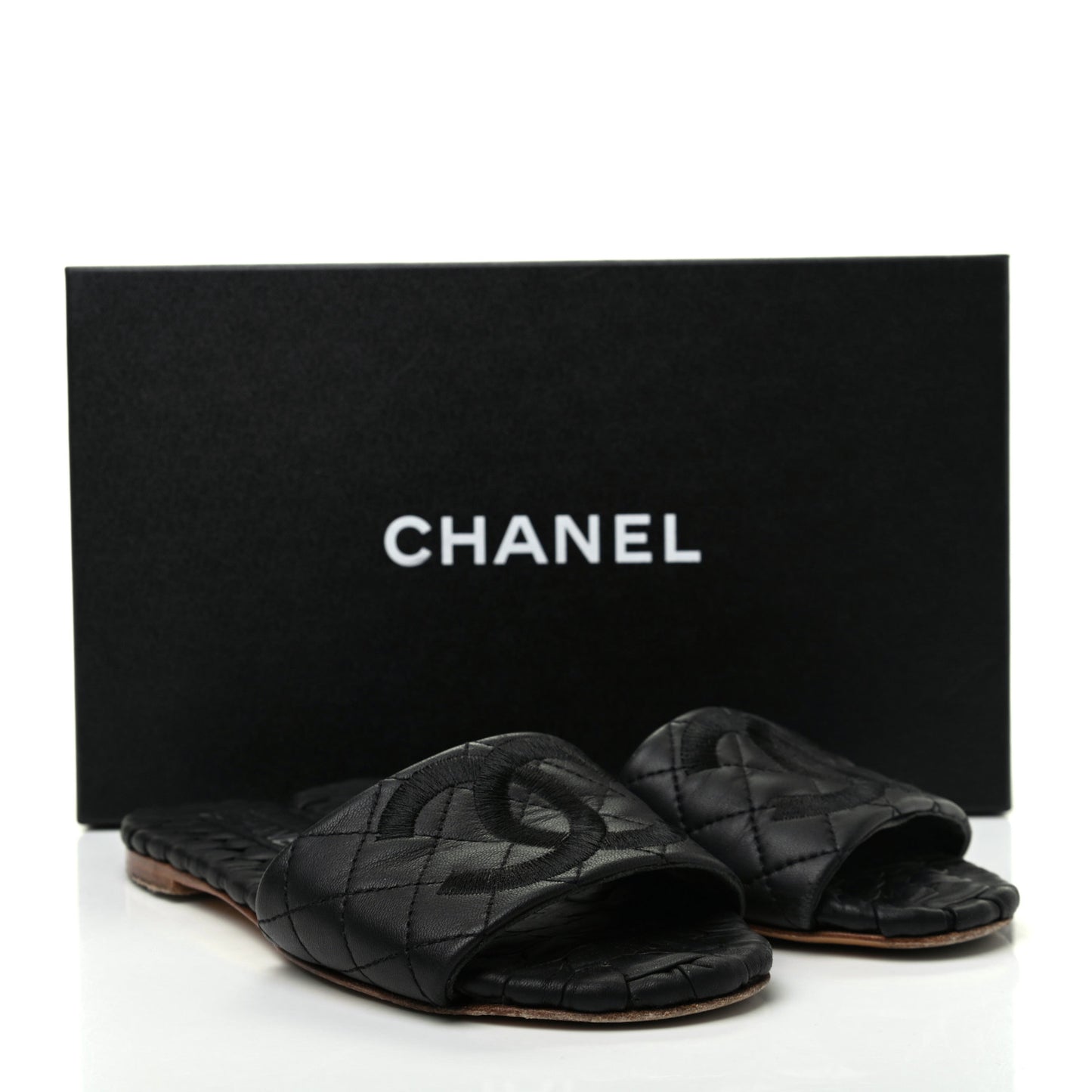 Lambskin Quilted Embroidered CC Mules Sandals 36 Black