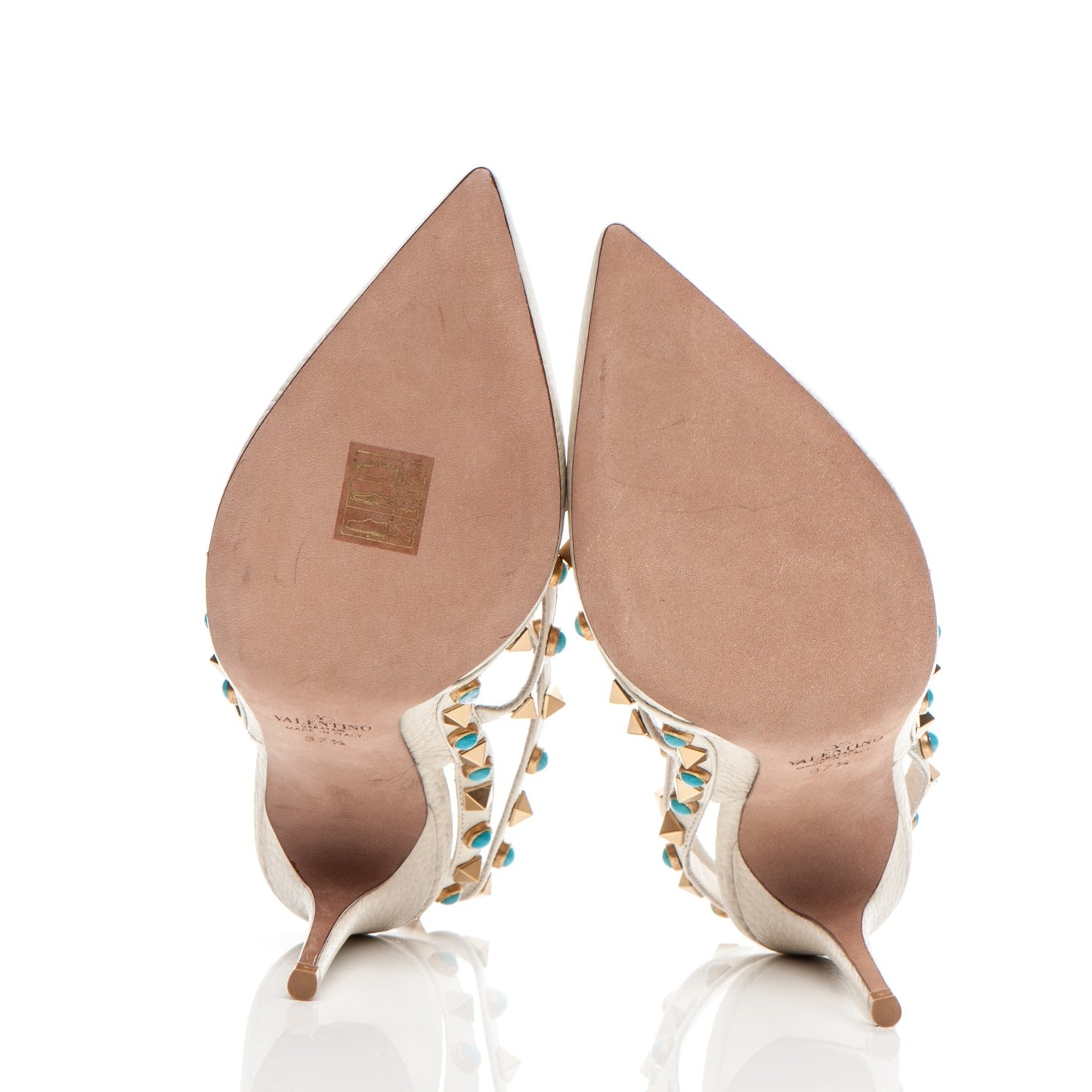 Pebbled Calfskin Turquoise Rockstud Rolling Ankle Strap 100mm Pumps 37.5 Ivory