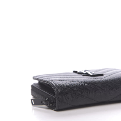 Saint Laurent Grain De Poudre Matelasse Chevron Monogram Compact Zip Around Wallet Black 9 of 15