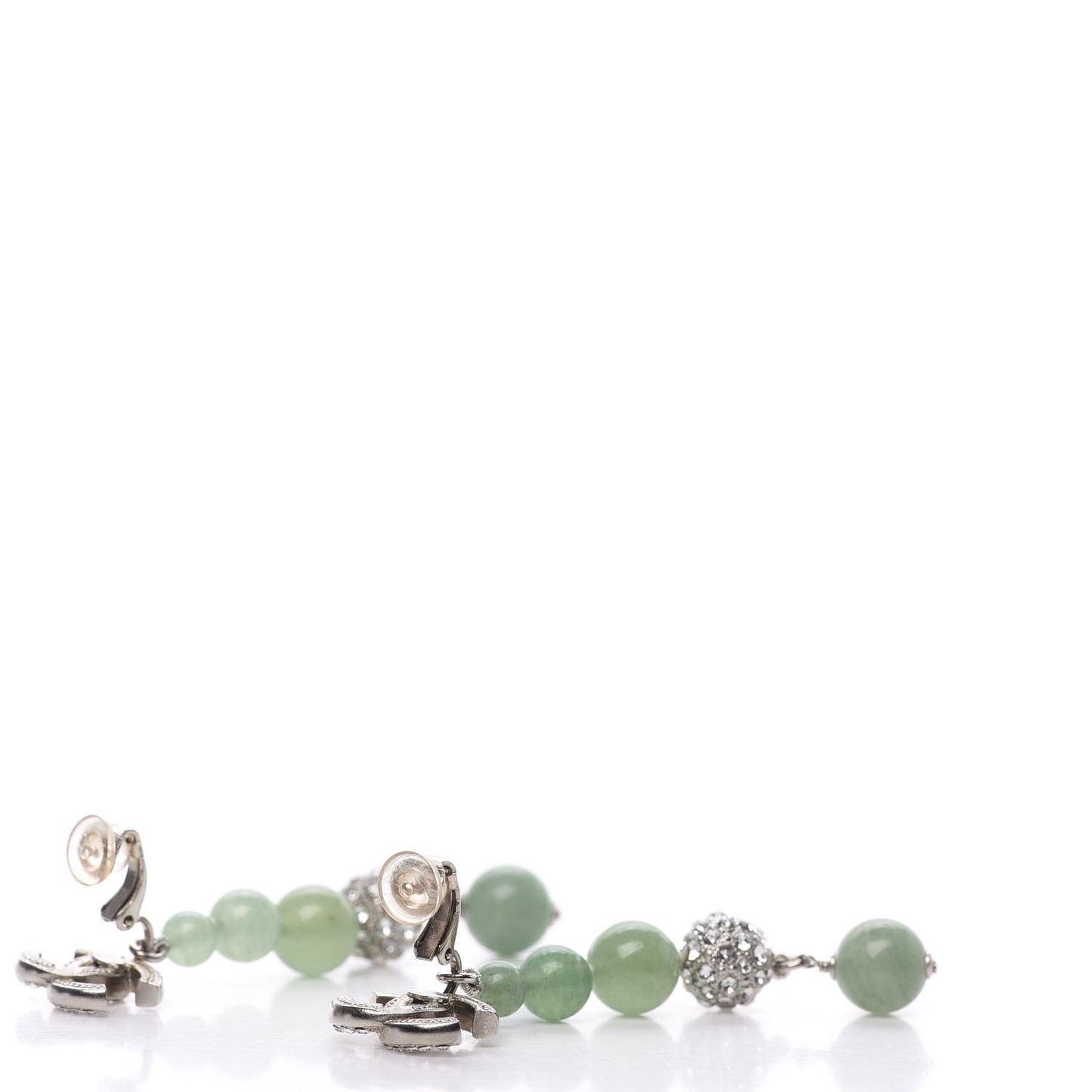Crystal Beaded CC Long Drop Earrings Silver Green