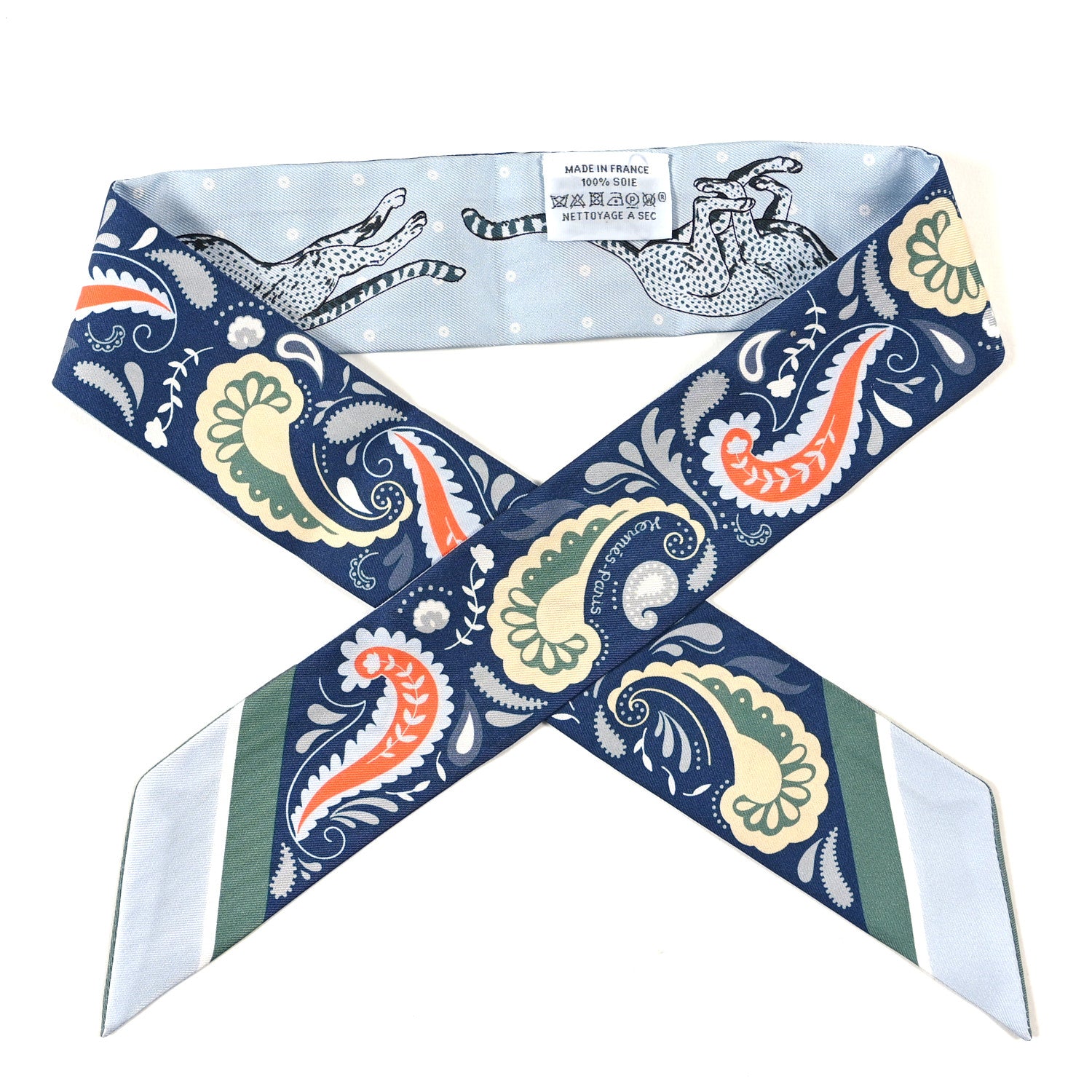 Hermes Silk Guepards Bandana Twilly Marine Clair Bleu Ciel Vert 1 of 3