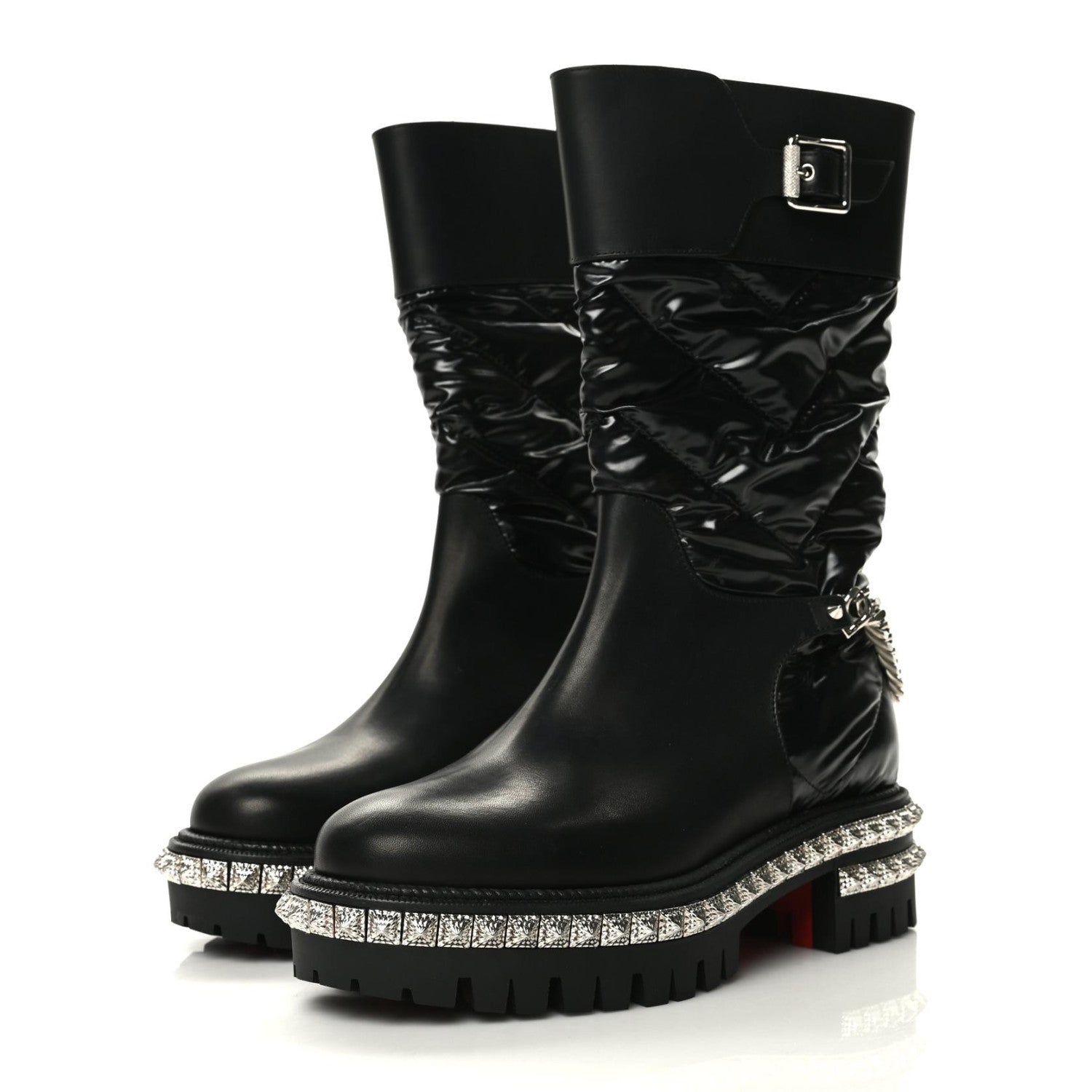 Christian Louboutin Glazed Fabric Quilted Calfskin Studded Chain Verdonna Boots 35.5 Black 3 of 6
