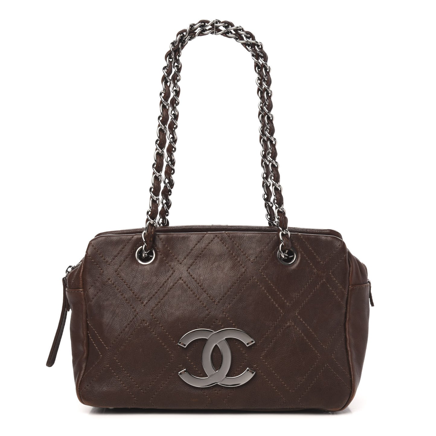 Calfskin Diamond Stitch Small Tote Dark Brown