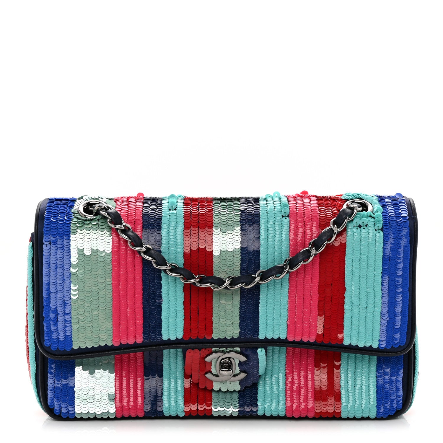 Chanel Sequin Lambskin Striped Medium Double Flap Blue Green Pink Red 1 of 12