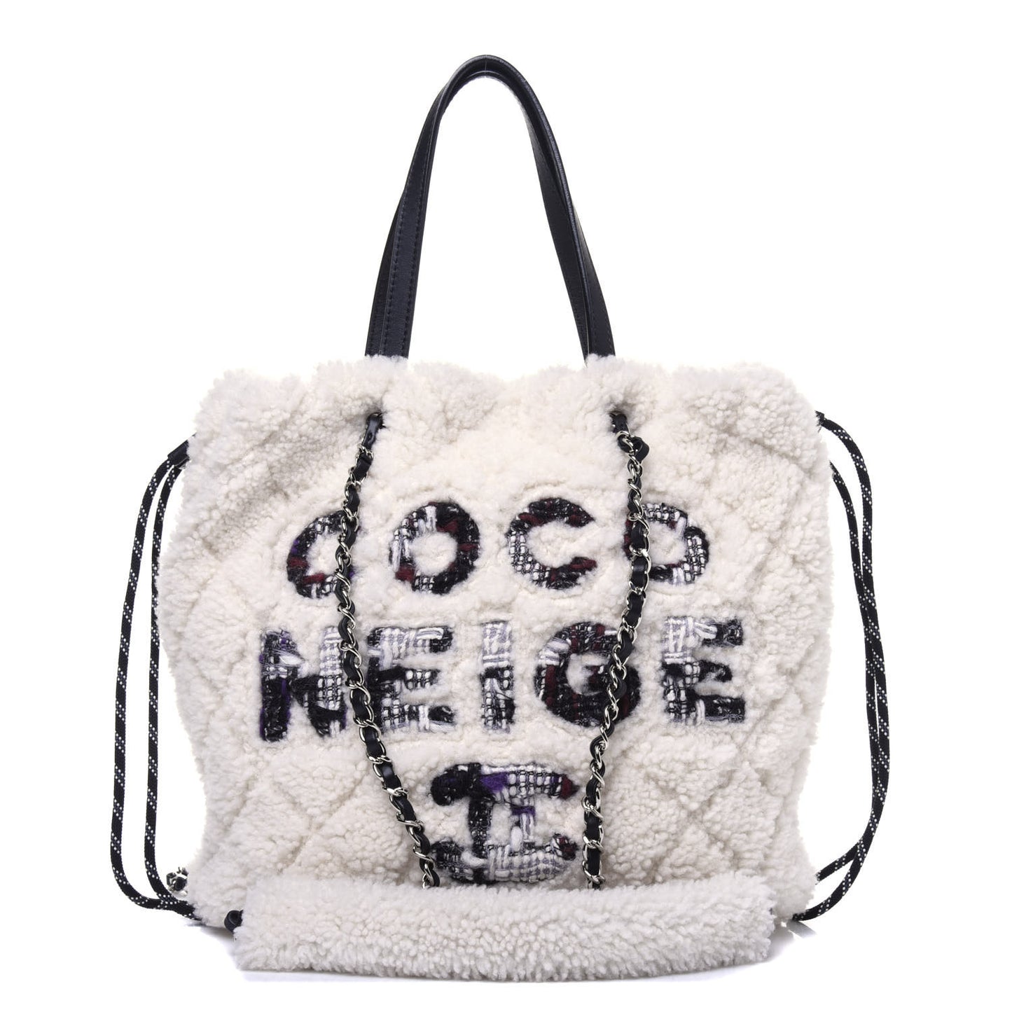 Shearling Sheepskin Tweed Large Coco Neige Tote White Black