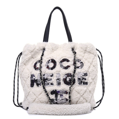 Chanel Shearling Sheepskin Tweed Large Coco Neige Tote White Black 1 of 11