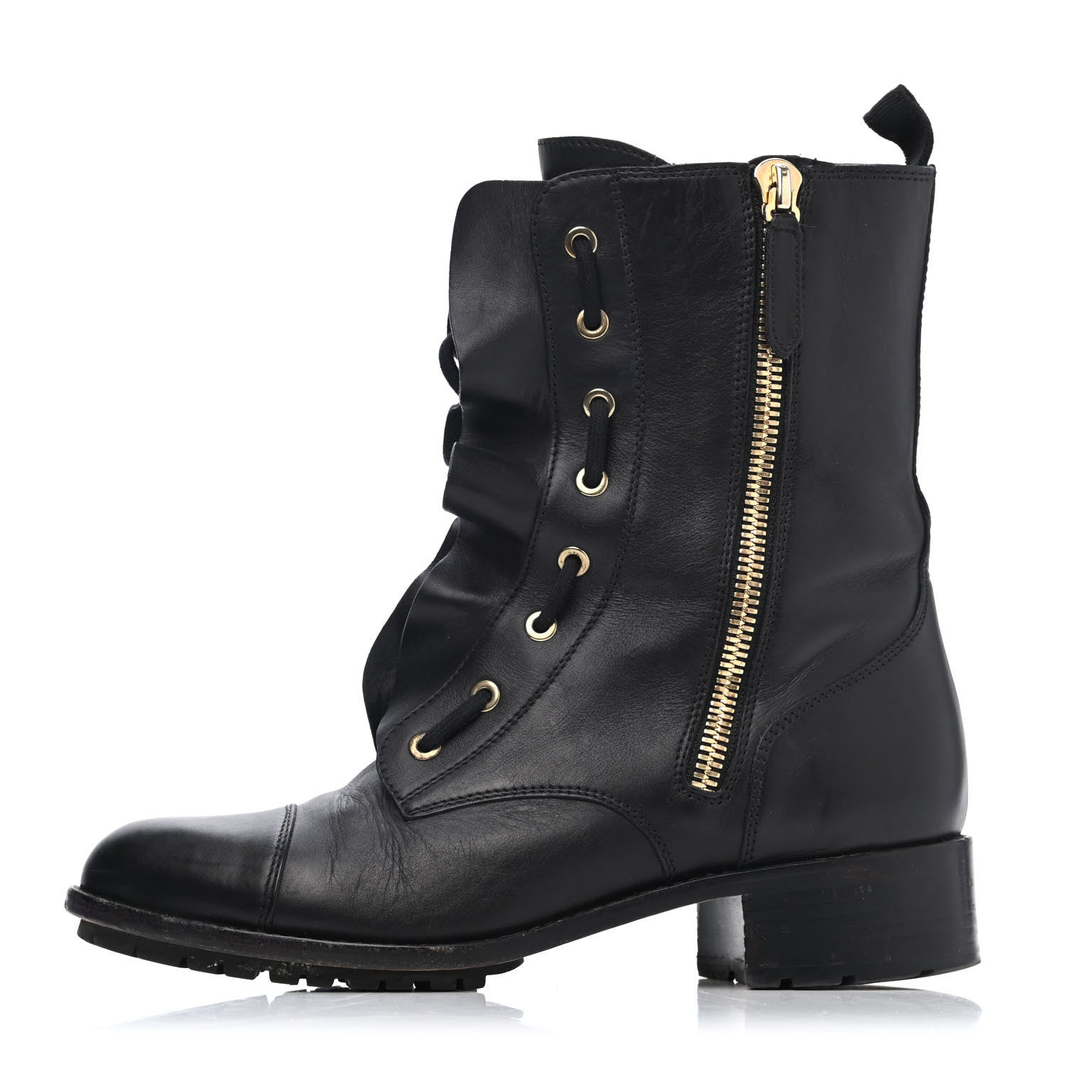 Valentino Garavani Calfskin Ruffle Combat Boots 38.5 Black 1 of 4