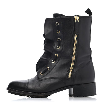 Valentino Garavani Calfskin Ruffle Combat Boots 38.5 Black 1 of 4
