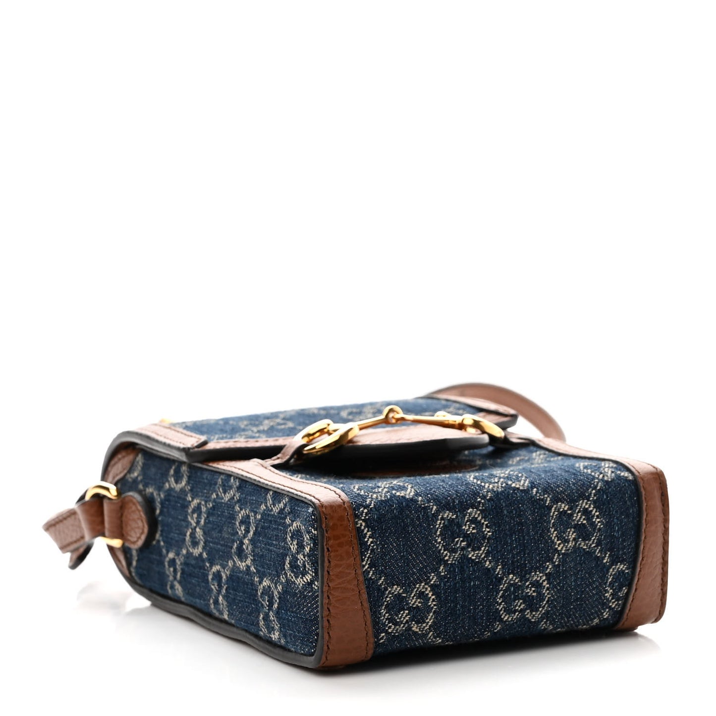 New Denim GG Monogram Dollar Calfskin Mini Horsebit 1955 Crossbody Bag Blue Tea Cuir Epilog