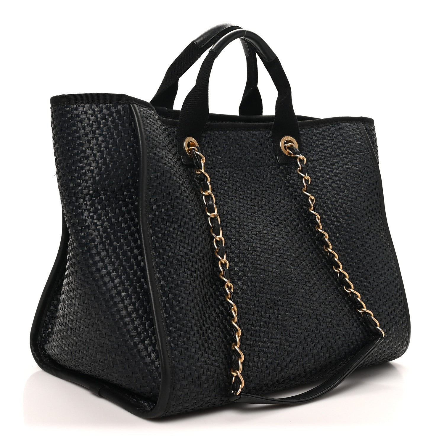 Chanel Straw Raffia Calfskin Chain Medium Deauville Tote Black 3 of 10
