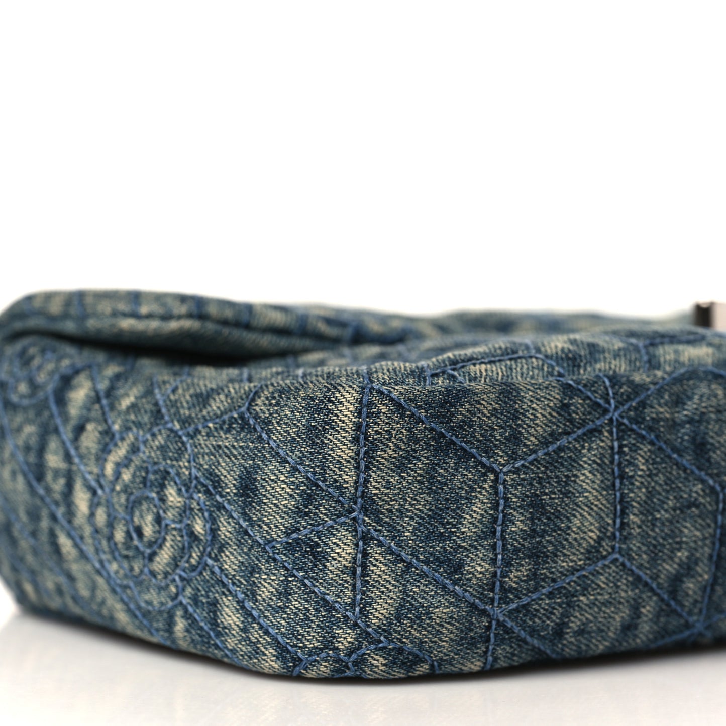 Denim Quilted Camellia Embroidered Medium Flap Blue
