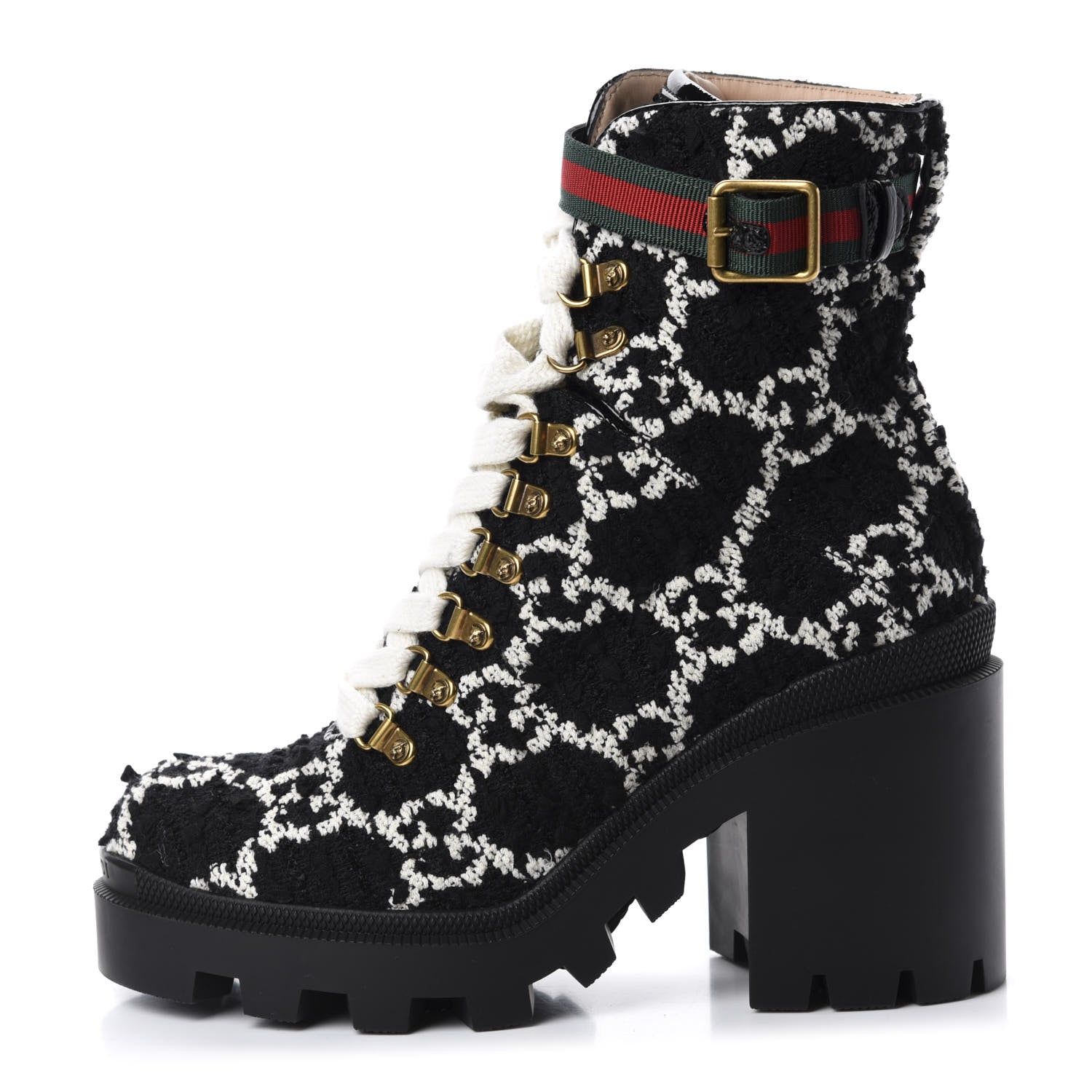 Gucci Tweed GG Monogram Lace Up Combat Ankle Boots 38 Black 1 of 12