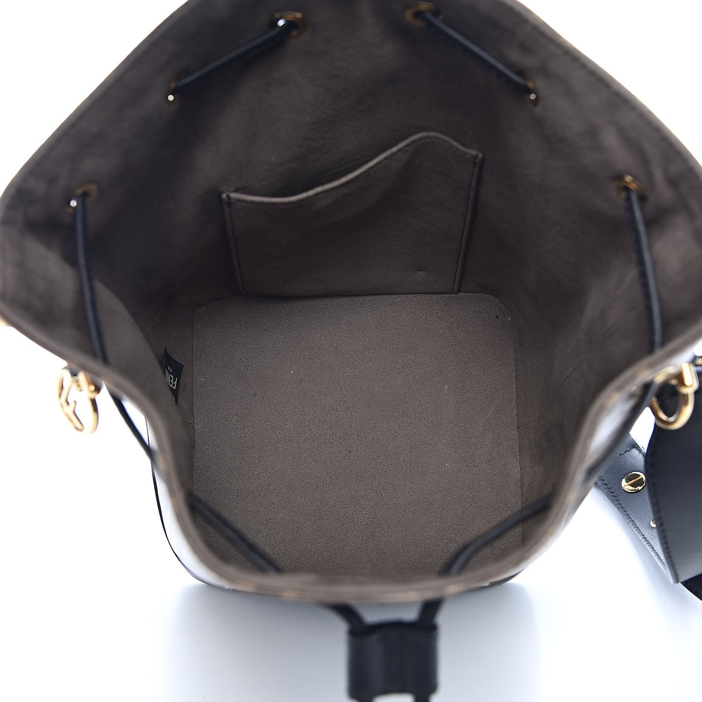 Glazed Fabric Vitello Grace F is Fendi FF 1974 Stamp Patch Grande Mon Tresor Bucket Bag Mogano Panna Black
