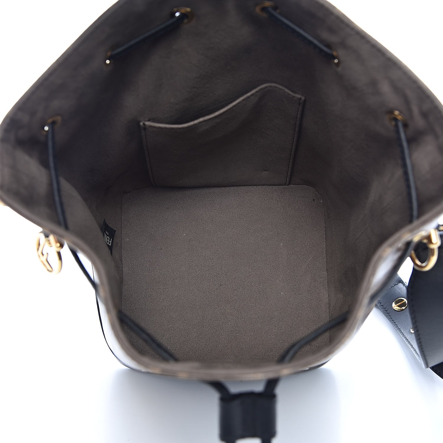 Fendi Glazed Fabric Vitello Grace F is Fendi FF 1974 Stamp Patch Grande Mon Tresor Bucket Bag Mogano Panna Black 5 of 11