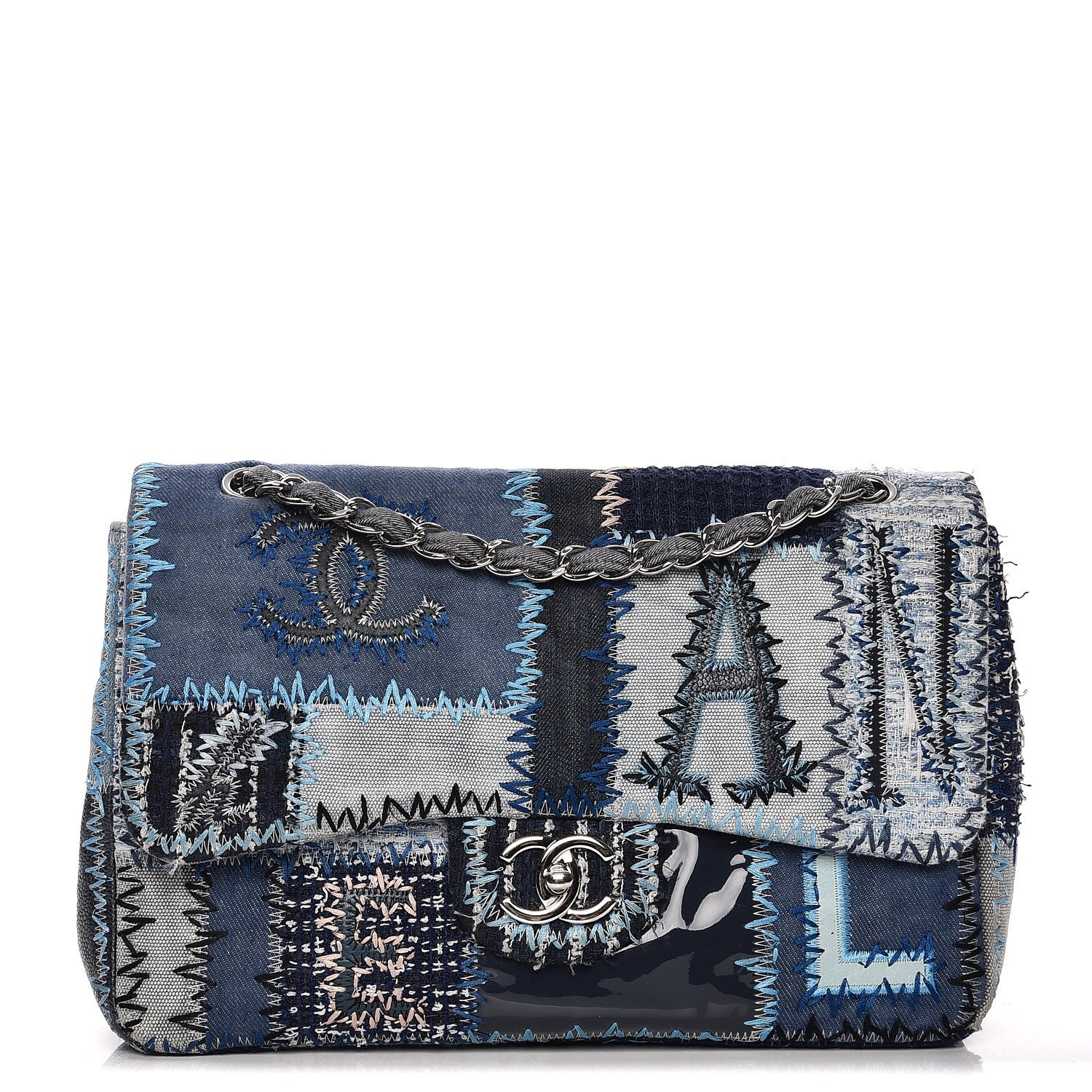Chanel Denim Tweed Patchwork Jumbo Single Flap Blue 1 of 9