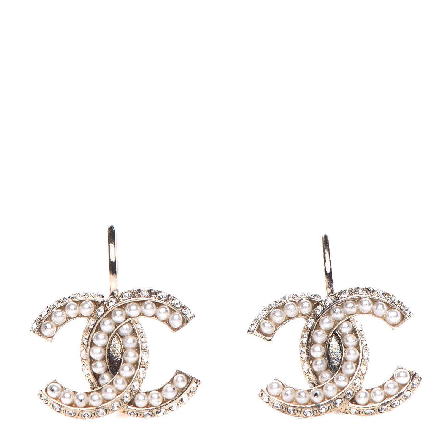 Chanel Crystal Pearl CC Dangle Earrings Gold 1 of 8