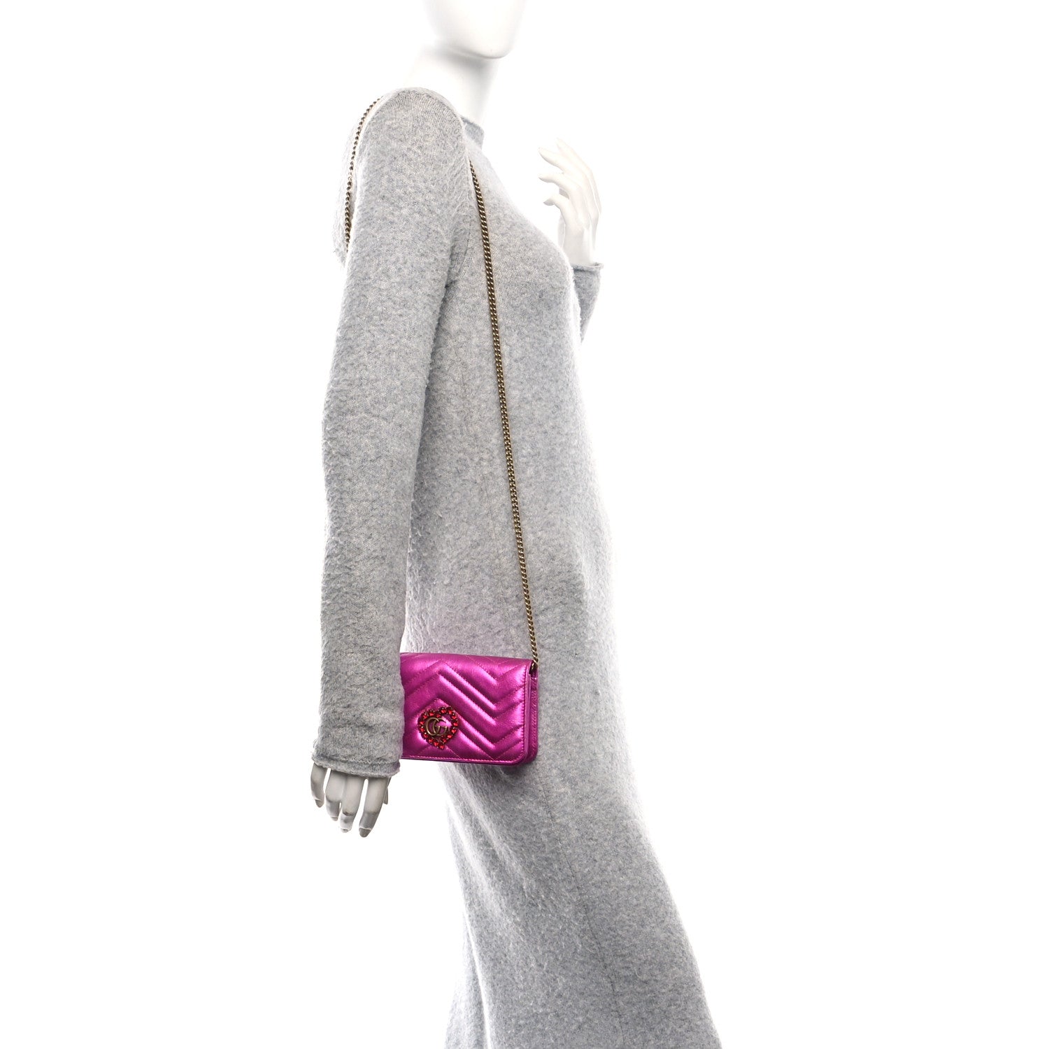Gucci Metallic Calfskin Matelasse Crystal GG Marmont Mini Bag Fuchsia 2 of 10