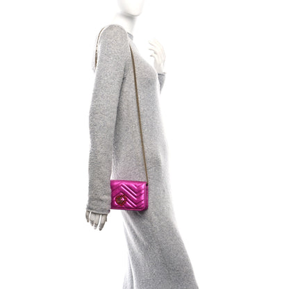 Gucci Metallic Calfskin Matelasse Crystal GG Marmont Mini Bag Fuchsia 2 of 10