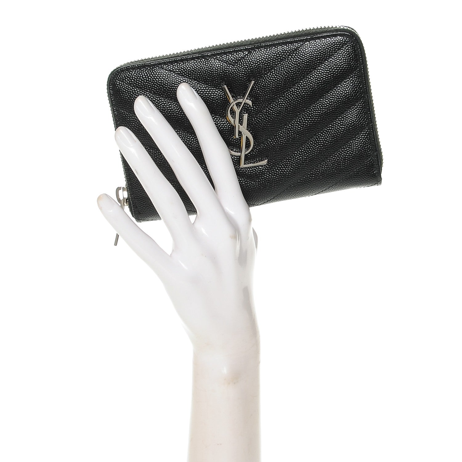 Saint Laurent Grain De Poudre Matelasse Chevron Monogram Zip Around Wallet Black 2 of 6