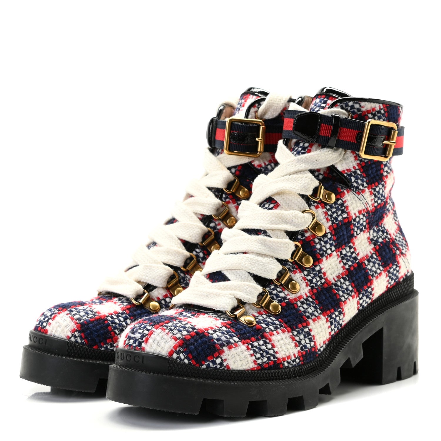 Gucci Vintage Tweed Check Lace Up Combat Ankle Boots 39 White Hibiscus Red Marine 3 of 12