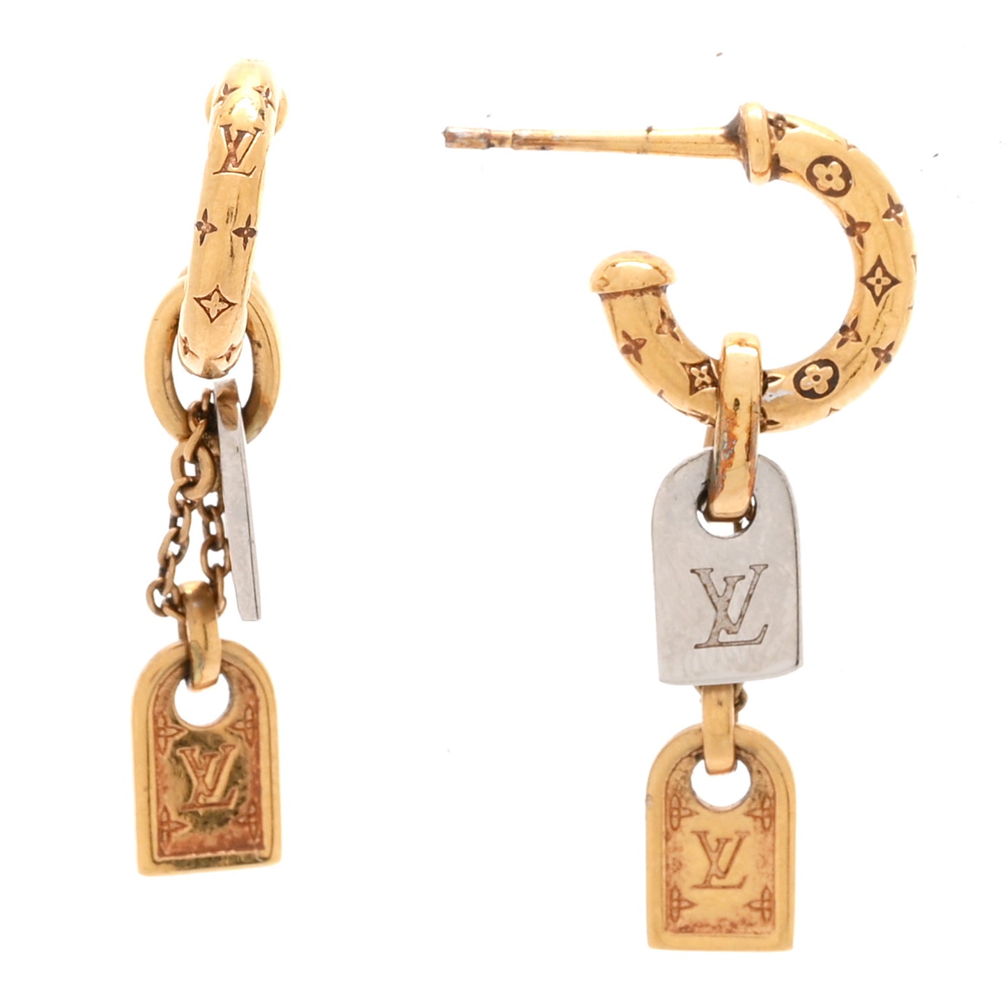 Nanogram Tag Drop Hoop Earrings Gold Silver