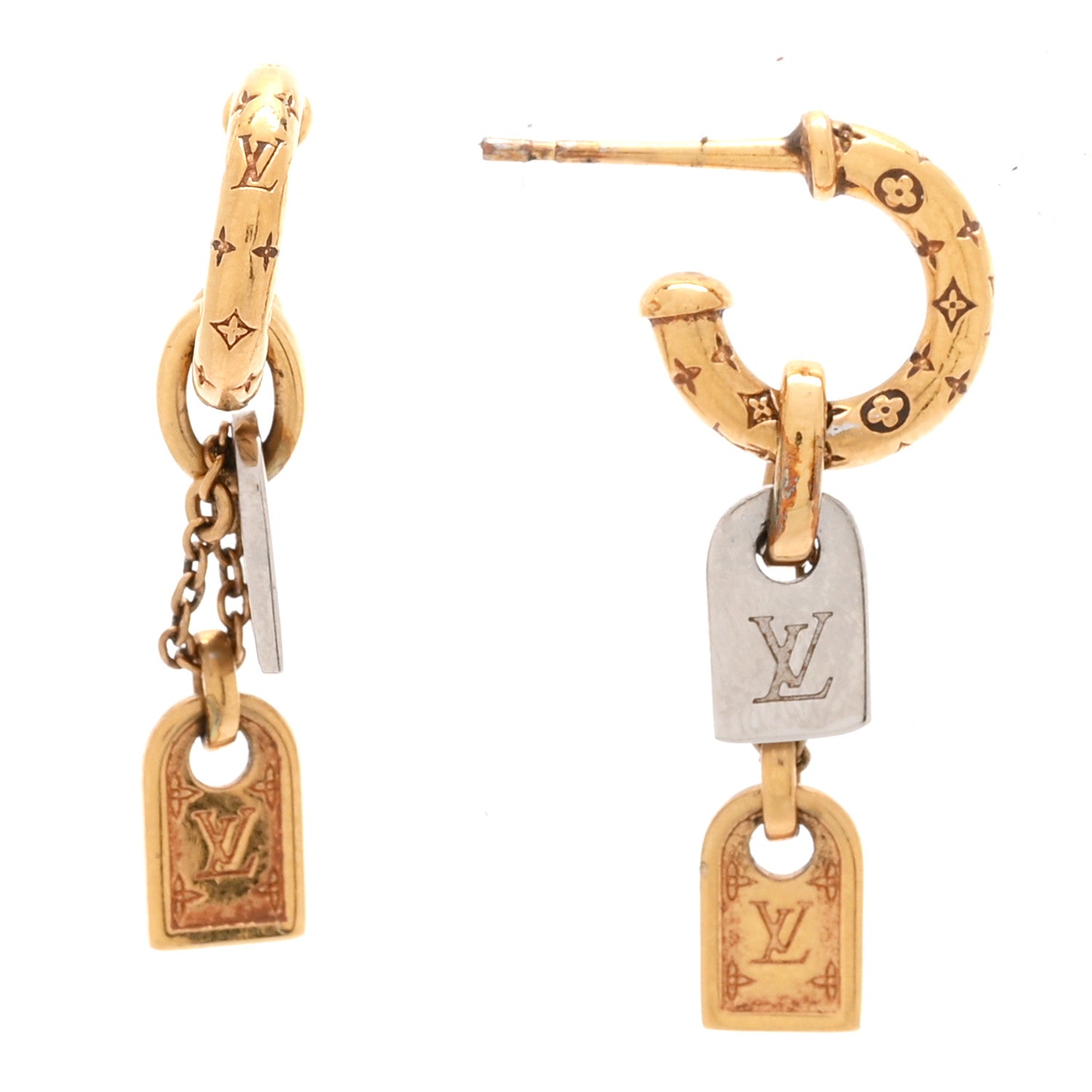 Louis Vuitton Nanogram Tag Drop Hoop Earrings Gold Silver 1 of 3