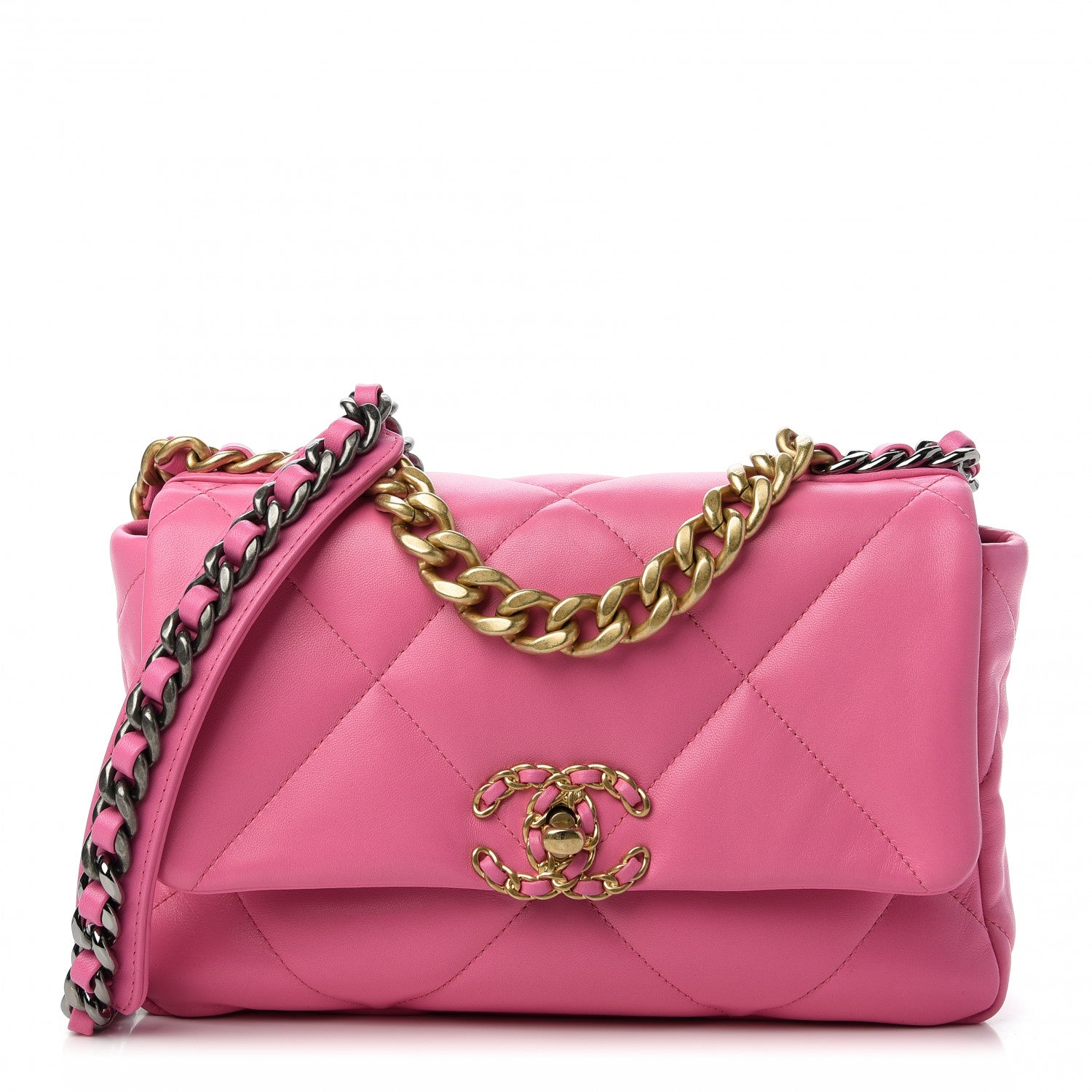 Chanel Shiny Lambskin Quilted Medium Chanel 19 Flap Neon Pink 1 of 11