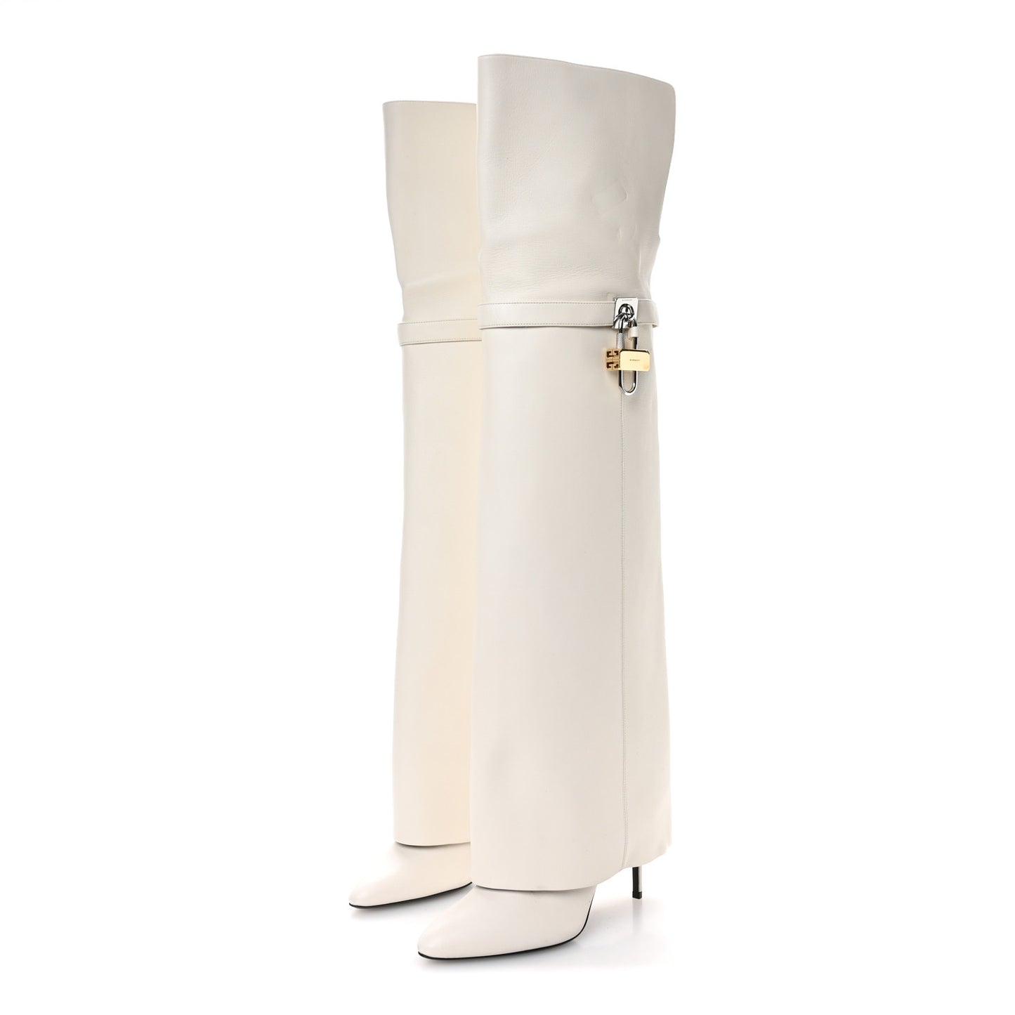 Calfskin Shark Lock Pant Over the Knee Stiletto Boots 40 Ivory