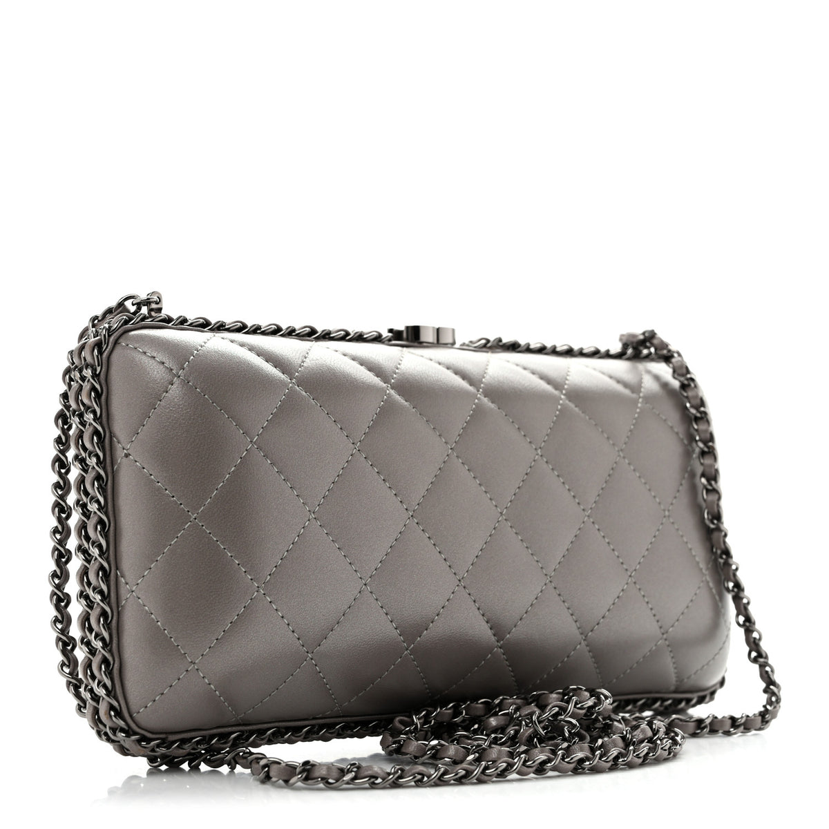 Lambskin Quilted CC Studded Chain Around Clutch Grey