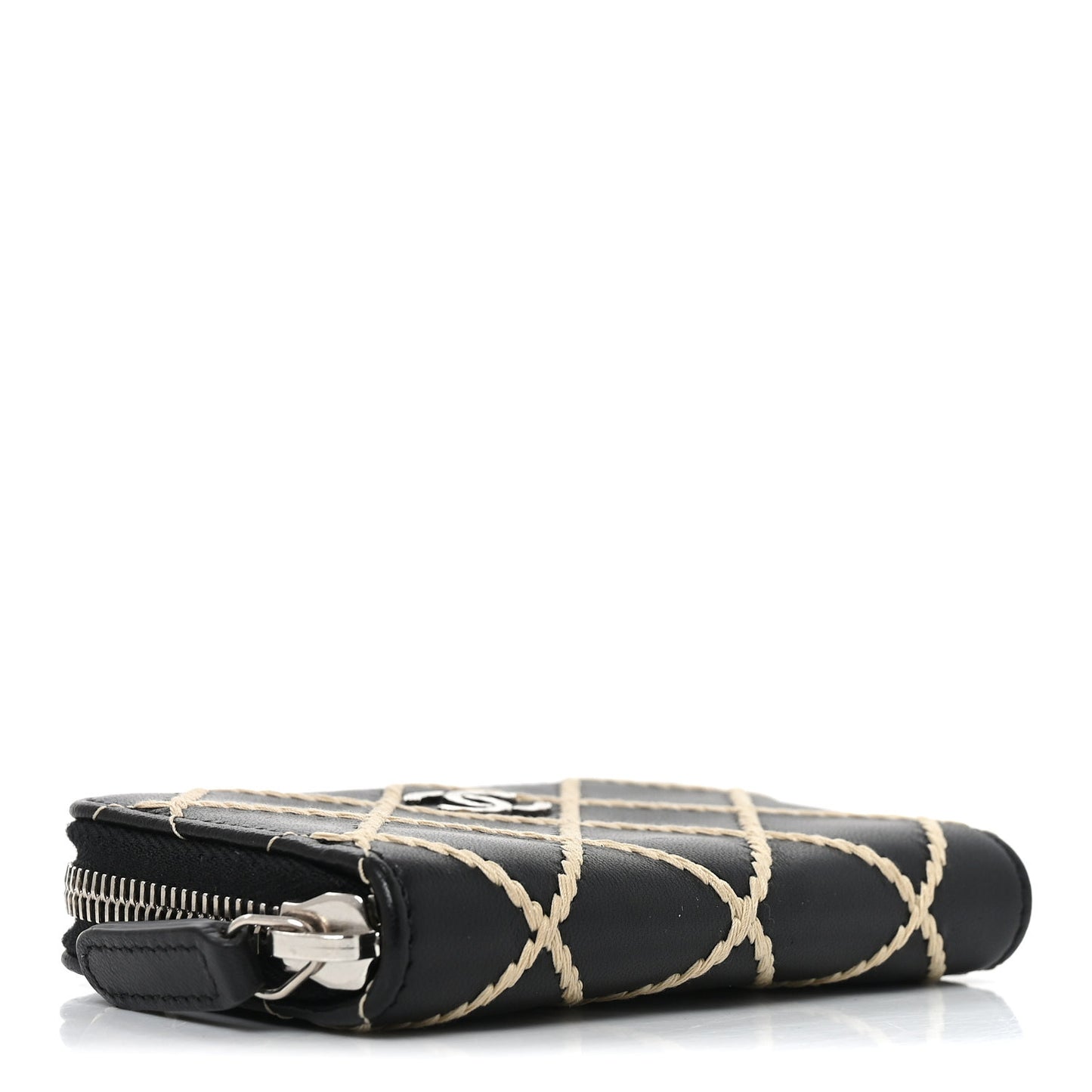 Lambskin Double Stitch Zip Coin Purse Black