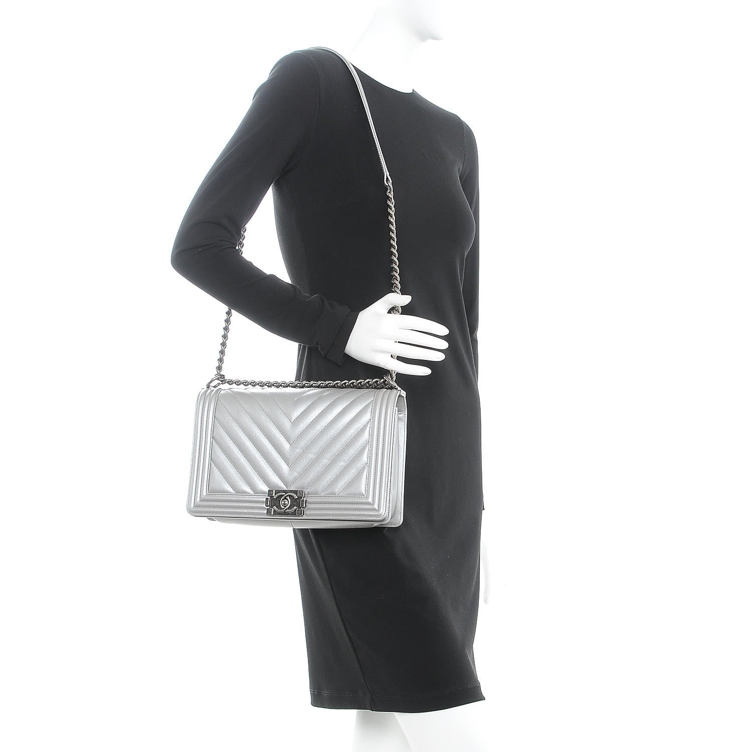 Chanel Caviar Chevron Quilted New Medium Boy Flap Silver 2 of 9