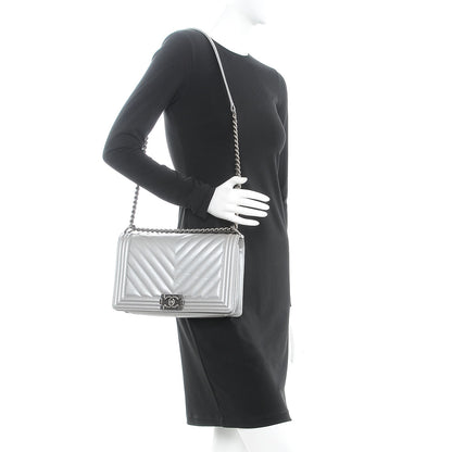 Chanel Caviar Chevron Quilted New Medium Boy Flap Silver 2 of 9