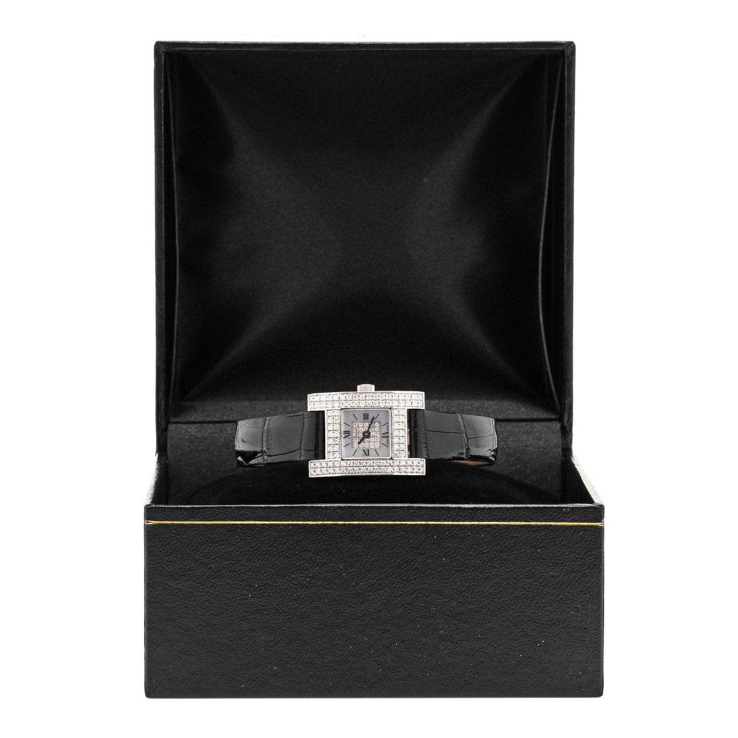18K White Gold Alligator Diamond Pave Bezel Mother of Pearl 19mm Your Hour Quartz Watch
