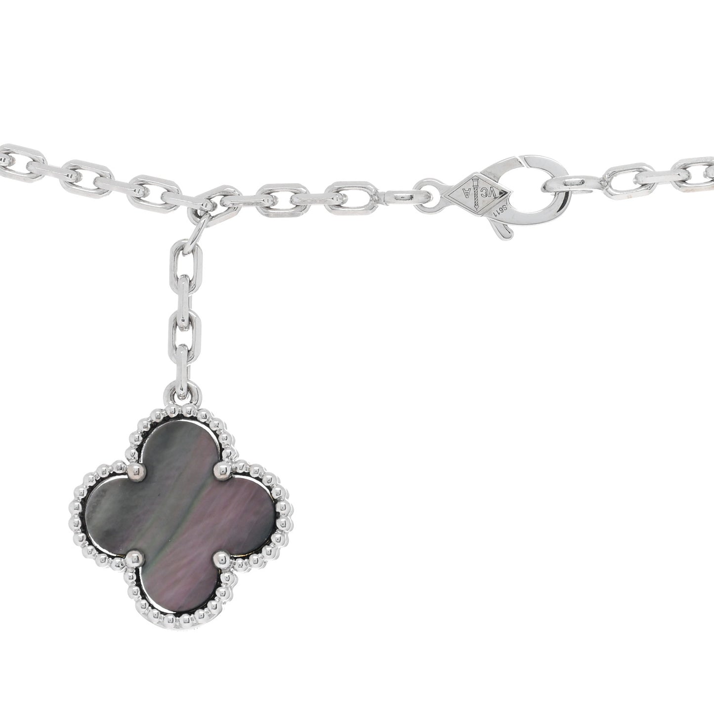 18K White Gold Mother of Pearl Chalcedony 6 Motifs Magic Alhambra Necklace