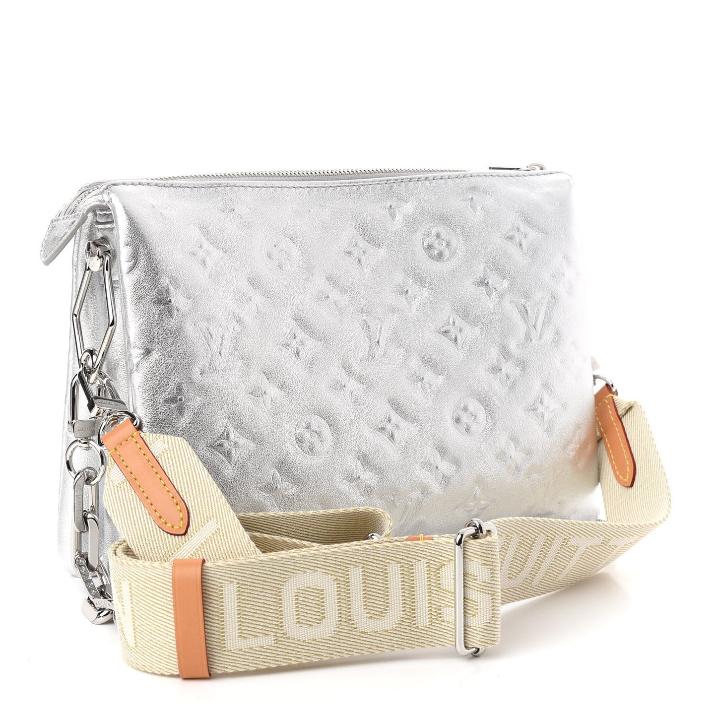 Metallic Lambskin Embossed Monogram Coussin PM Silver