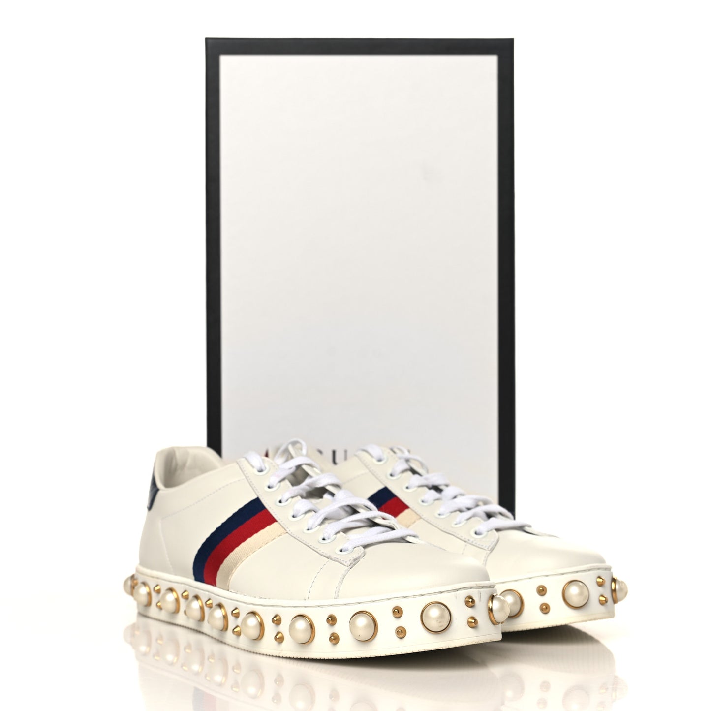 Calfskin Ayers Web Pearl Studded Womens Ace Sneakers 39.5 White