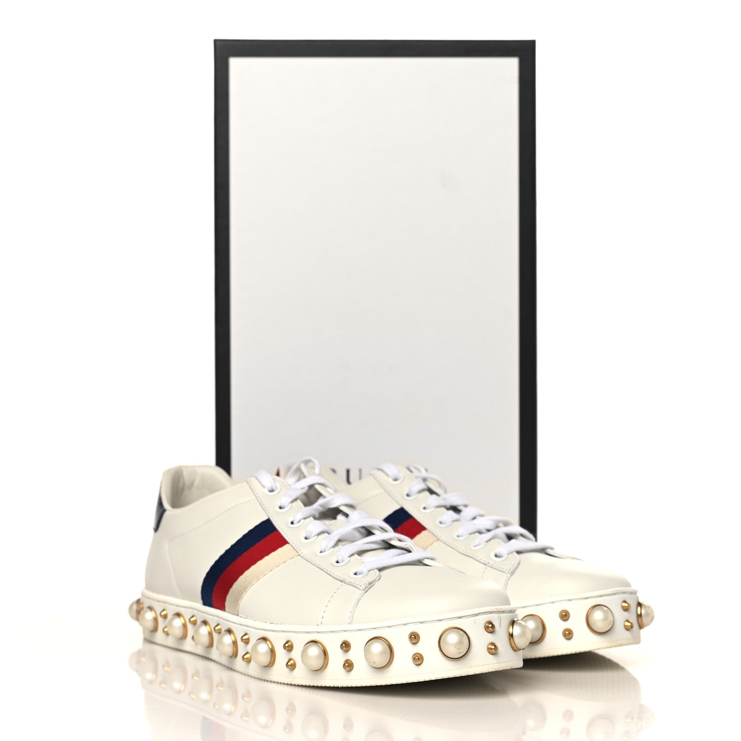 Gucci Calfskin Ayers Web Pearl Studded Womens Ace Sneakers 39.5 White 7 of 8