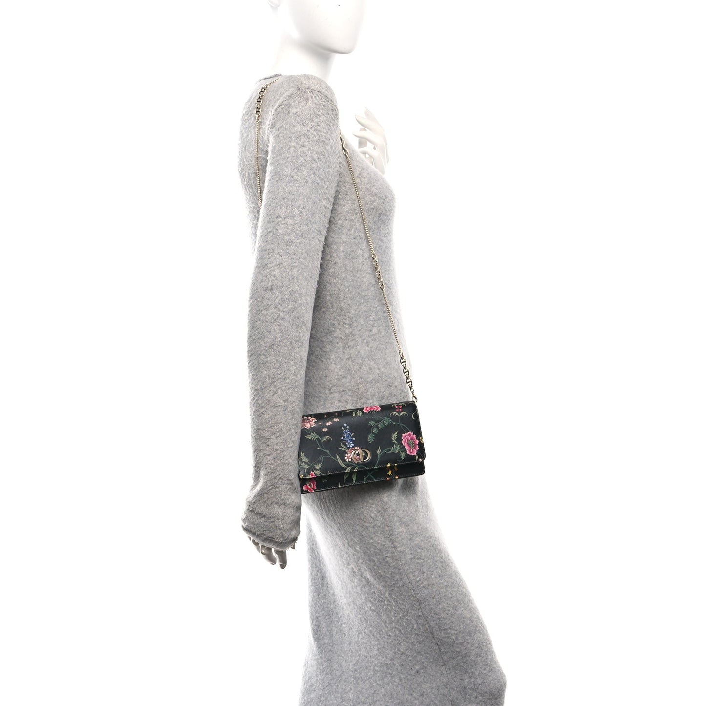Calfskin Petites Fleurs Print Caro Pouch With Chain Black Multicolor