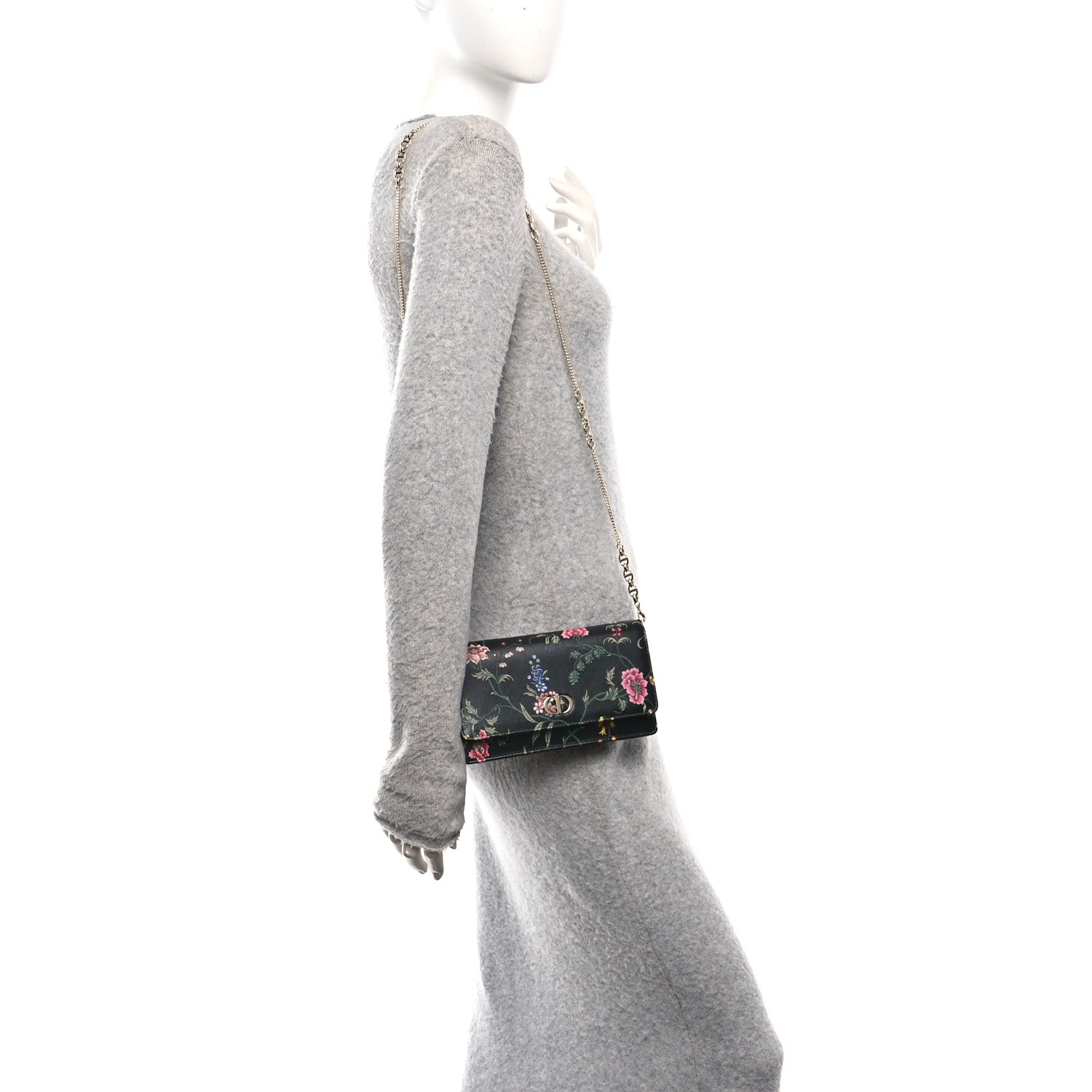 Christian Dior Calfskin Petites Fleurs Print Caro Pouch With Chain Black Multicolor 2 of 10