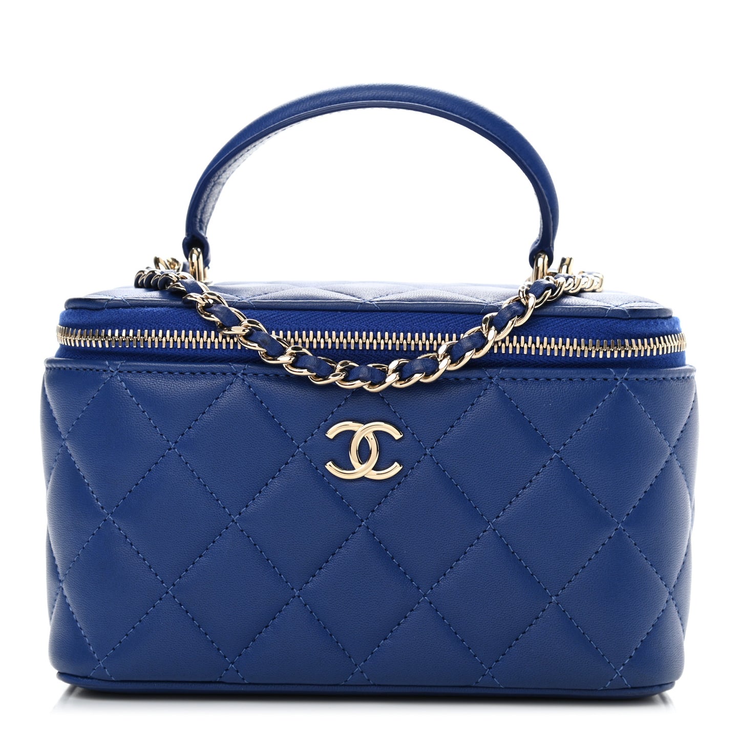 Lambskin Quilted Small Top Handle Vanity Case With Chain Blue