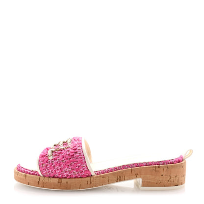 Chanel Tweed Cork Mule Sandal 39  Pink White 1 of 10