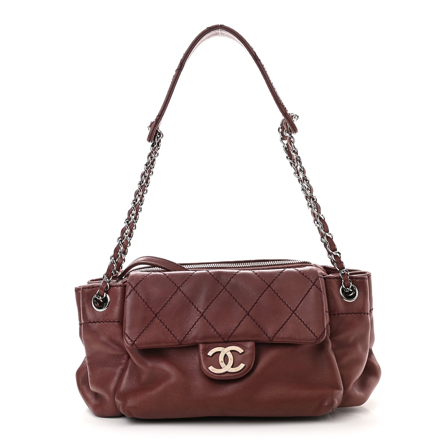 Lambskin Quilted Chain Accordion Flap Brown